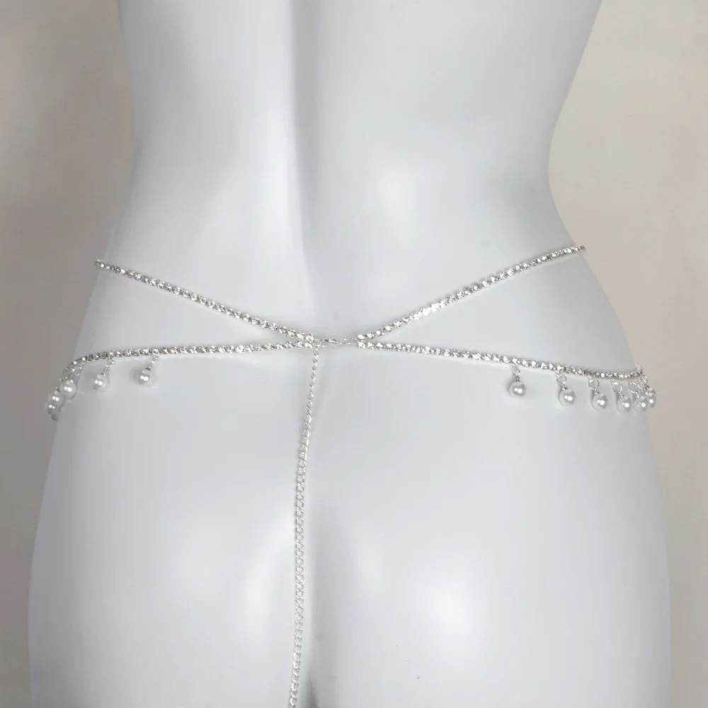 Dainty Layered Waist Chain Featuring Hanging Imitation Pearls Radiant Crystal Strand Body Jewelry For Summer Beach Bikini