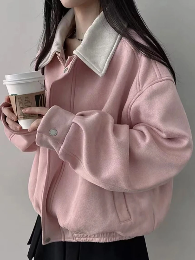 

Jmprs Y2K Pink Faux Suede Jacket Women Long Sleeve Vintage American Streetwear Coat Casual Fall Winter Patchwork Lady Retro Tops
