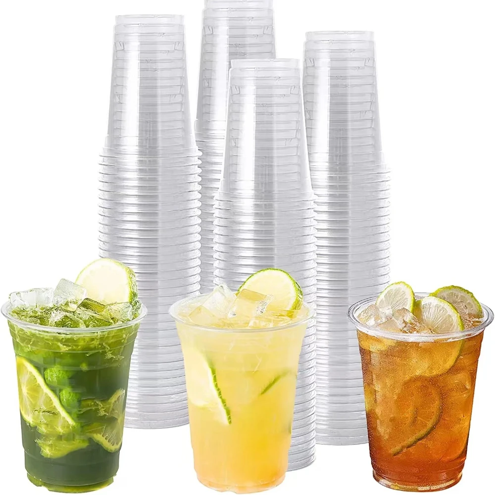 50PCS 16OZ Clear Plastic Cups Flat Lids Disposable Drinking Cups for Party Wedding Drinking Cups Bulk Ice Coffee Milkshakes