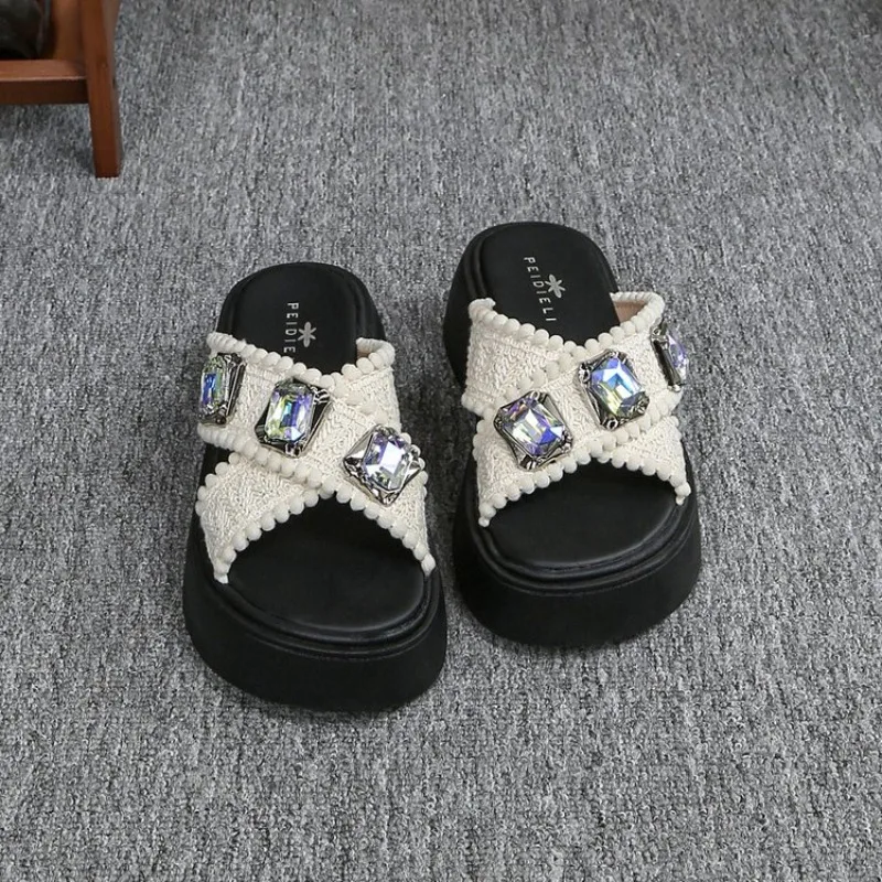 Summer New Black Diamond-encrusted Platform Slippers Women's Sandals