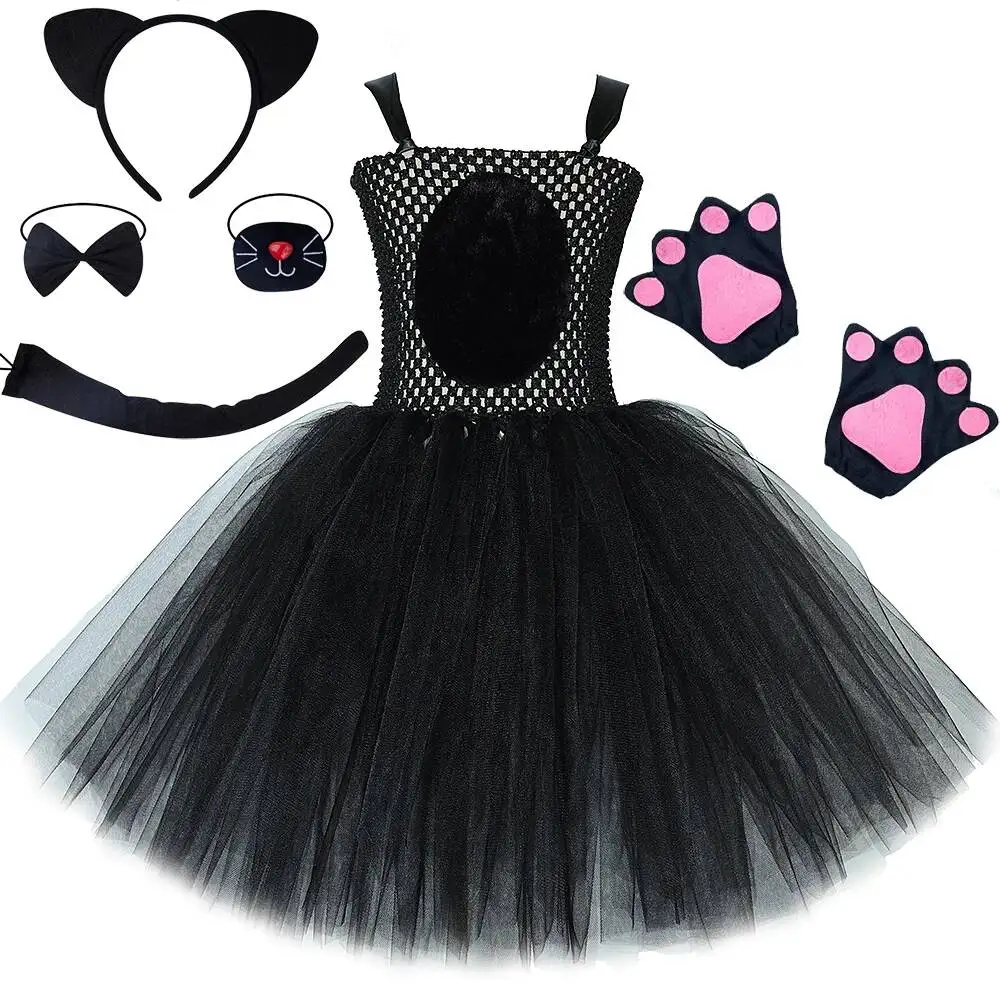 Solid Black Cat Costumes for Baby Girls Kids  Animal Kitten Tutu Dress Halloween Outfit Birthday Clothes with Ears Hairbow Tail