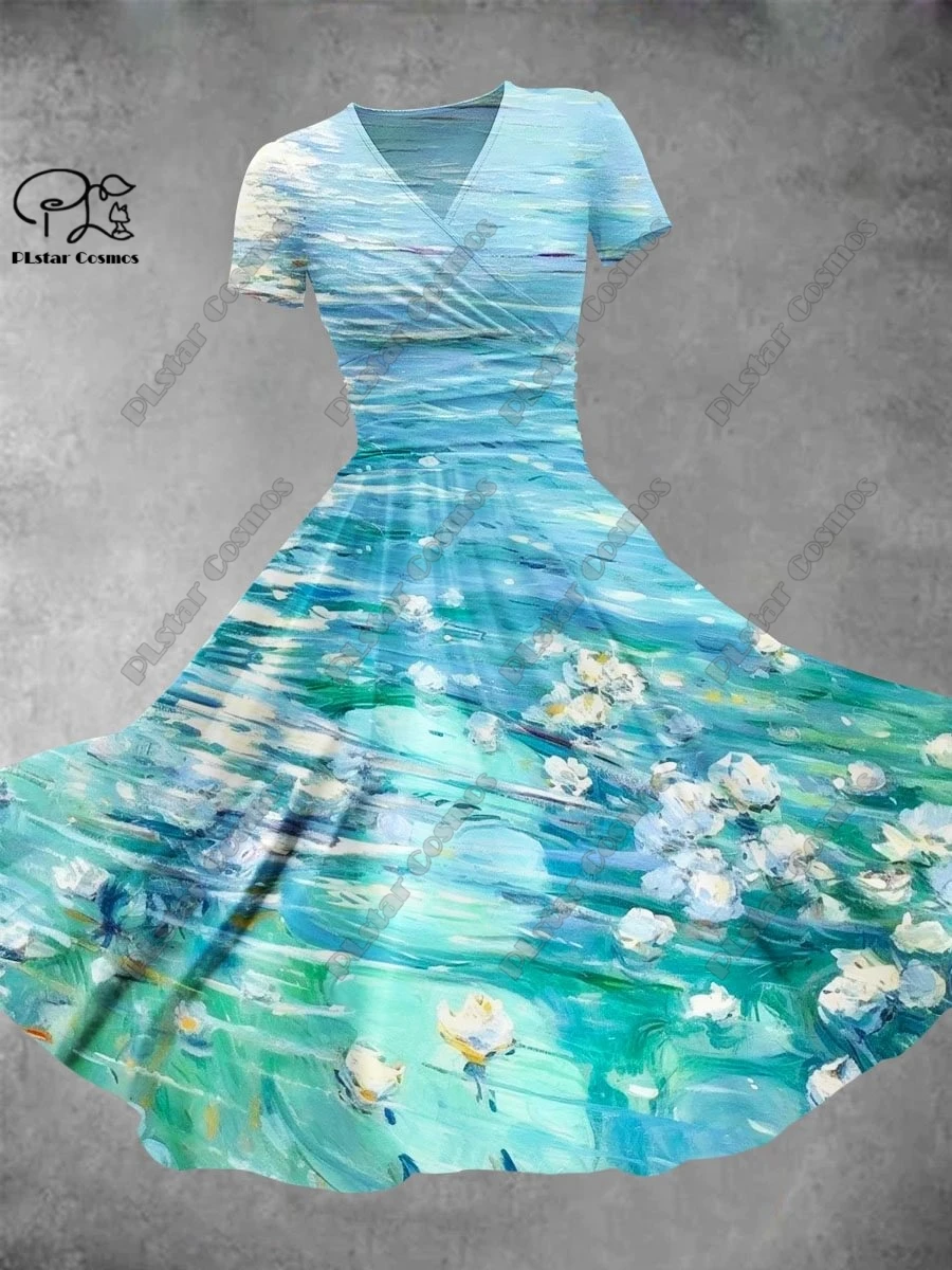 Saia floral impressa em 3D, série Ocean Dolphin, vestido com decote em v, manga curta, saia longa, casual e elegante