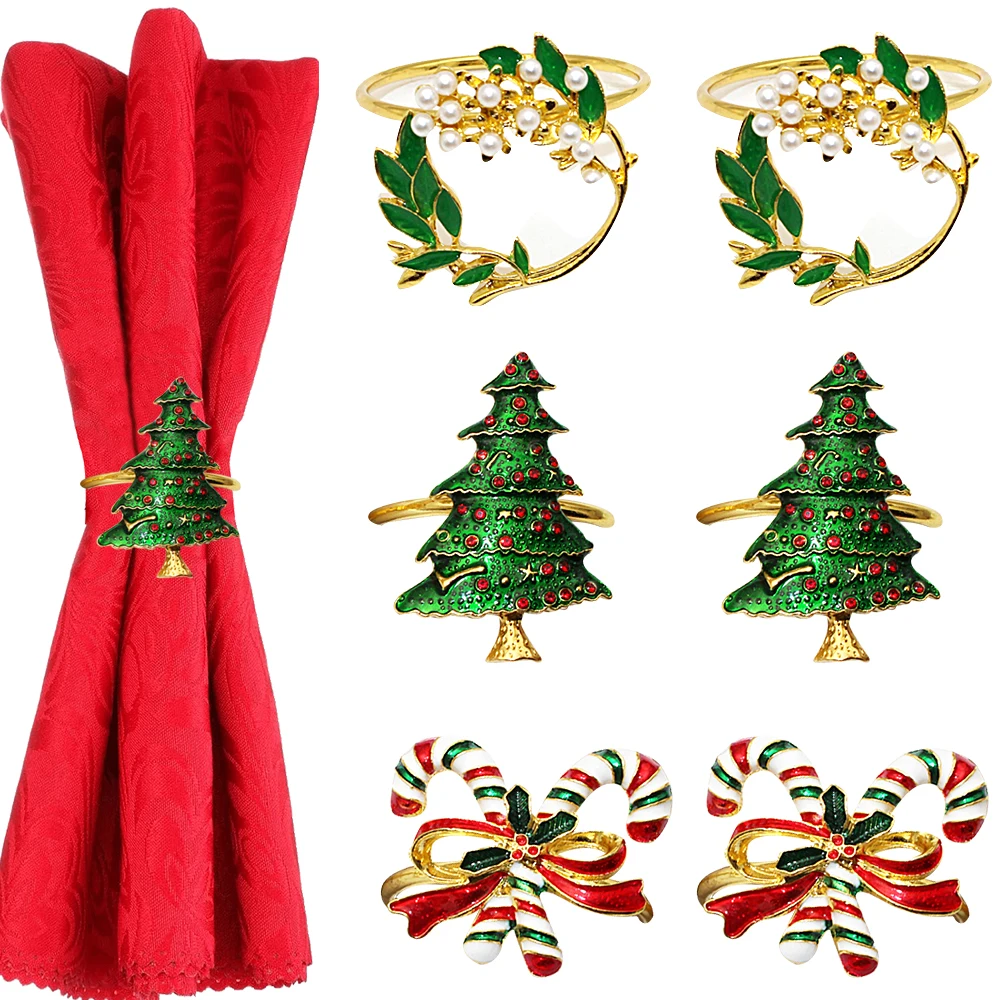 6Pcs Christmas Napkin Rings Green Xmas Tree Napkin Buckle Candy Cane Wreath Napkin Holder for Christmas Wedding Party Table Deco