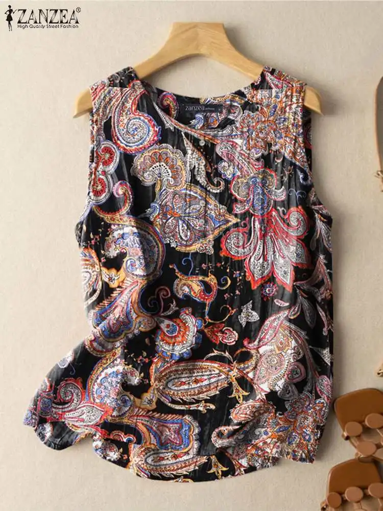 ZANZEA Women Paisley Print Tanks Bohemian Casual Loose Sleeveless Tunic Tops 2024 Summer Holiday Daily Button Up Camis Blusas