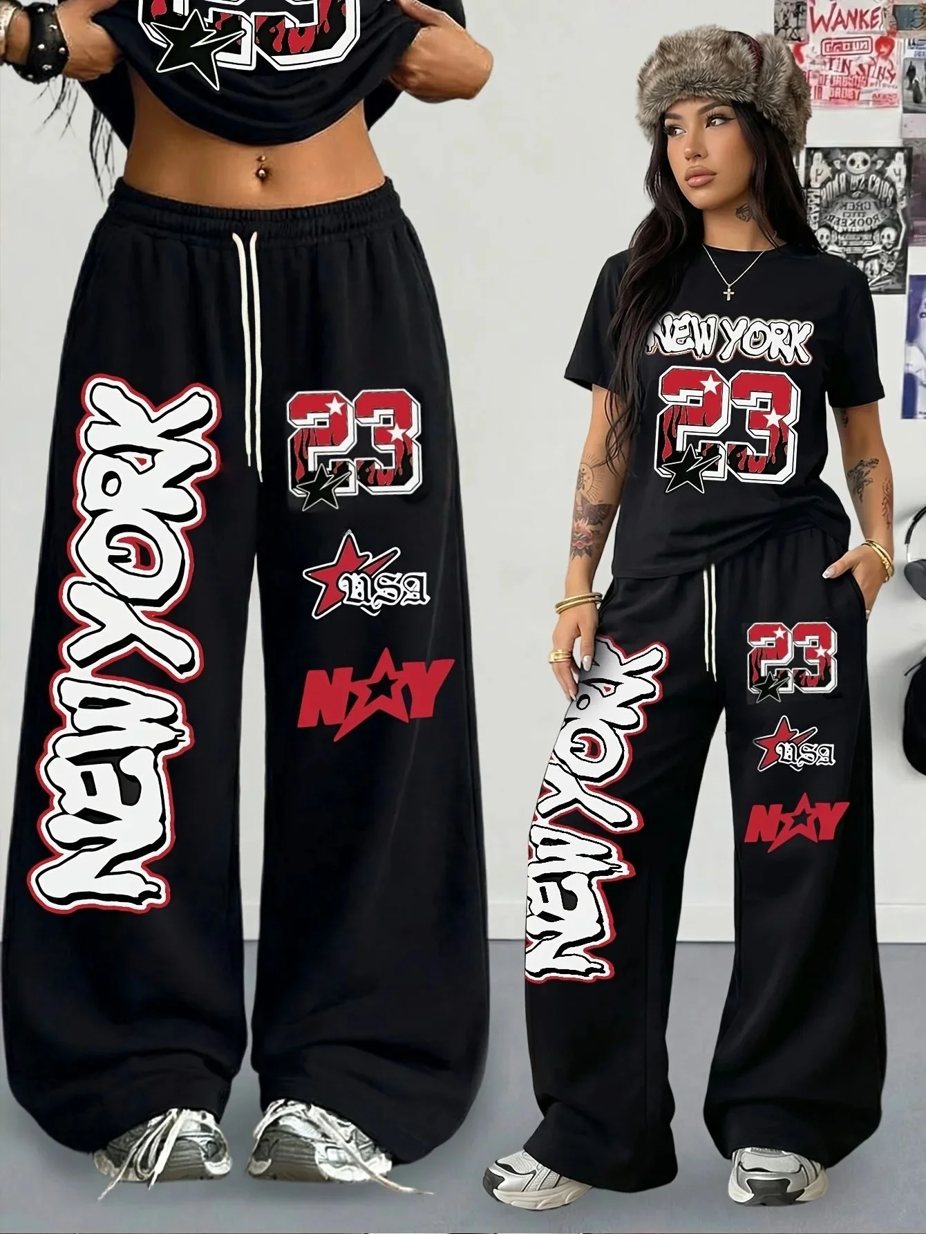 Y2K Hip-Hop Loose Fit Jogginghose mit 3D-Druck Lässige Mittlere Taille Sportliche Streetwear Vintage-Hose für Erwachsene