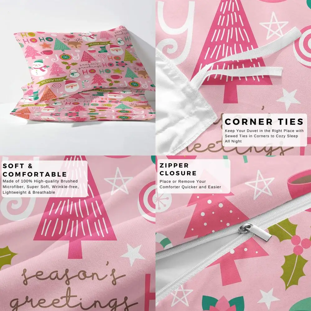 

Twin Size Pink Christmas Duvet Cover Set for Kids - Girls' Holiday Bedding with Cartoon Santa, New Year Theme