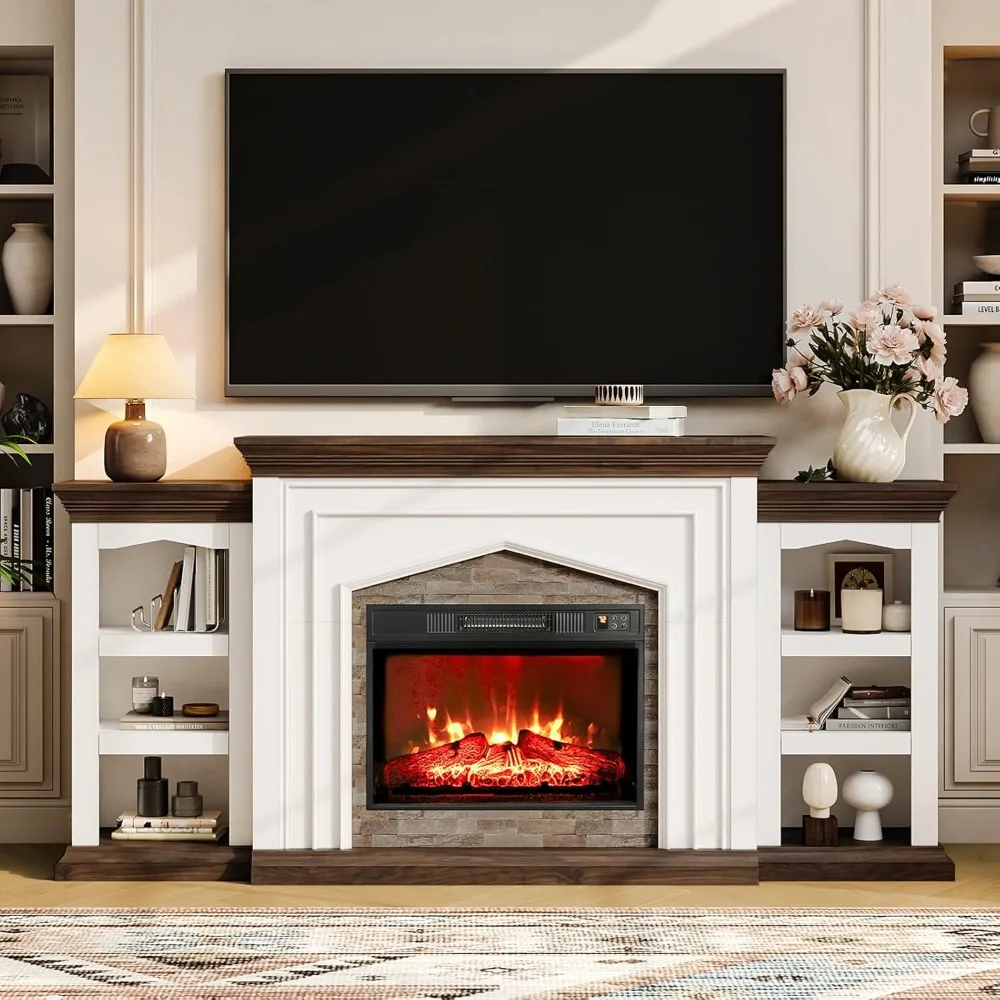 Large 80 Inch Fireplace TV Stand with Electric Heater, Rustic Farmhouse Style Entertainment Center, Storage Included for TVs up