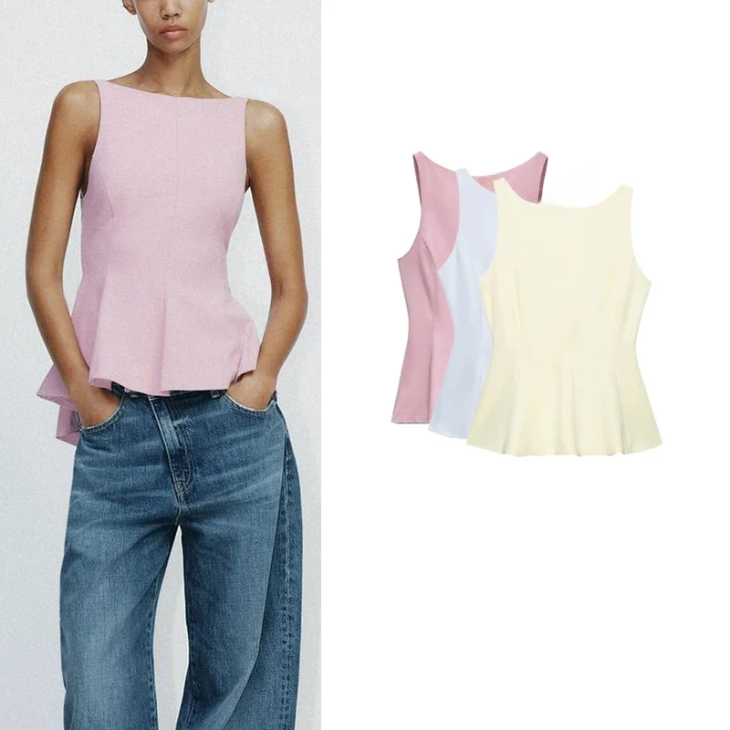 قميص نسائي صيفي جديد بياقة مستديرة بدون أكمام ضيق مع ظهر مكشوف وعقدة فراشة وتنورة قصيرة بتصميم أنيق للأعمال والملابس الكاجوال