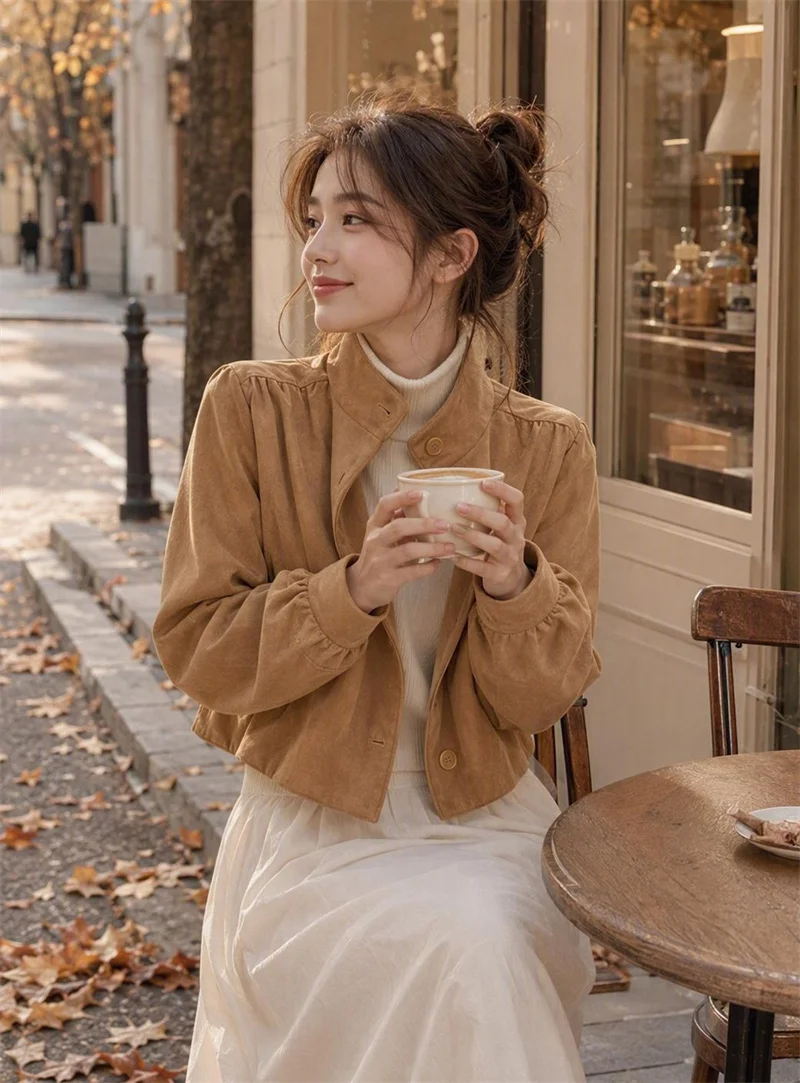 Autumn Vintage Faux Suede Cropped Jacket Women Stand Collar Single‑Breasted Short Outerwear