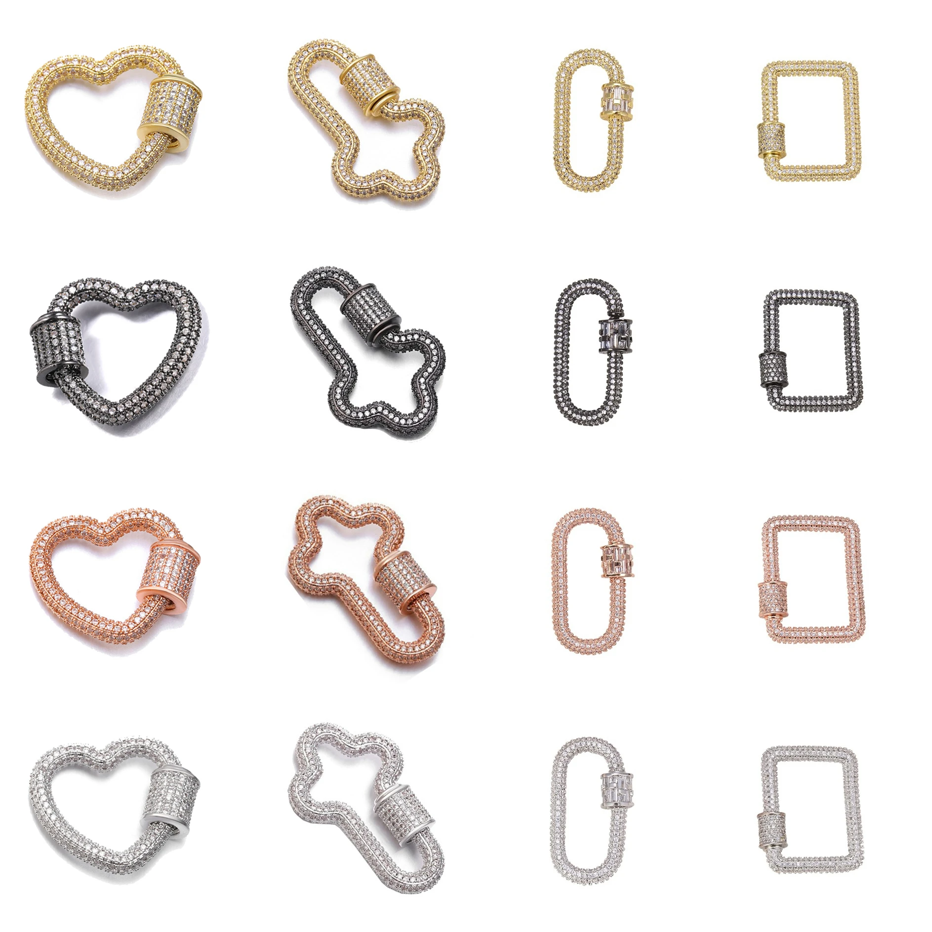 Metal Screw Buckle Inlaid Full Zircon Brass Accessories for DIY Necklace Bracelet Geometry Rectangle Heart Shape Jewelry Finding