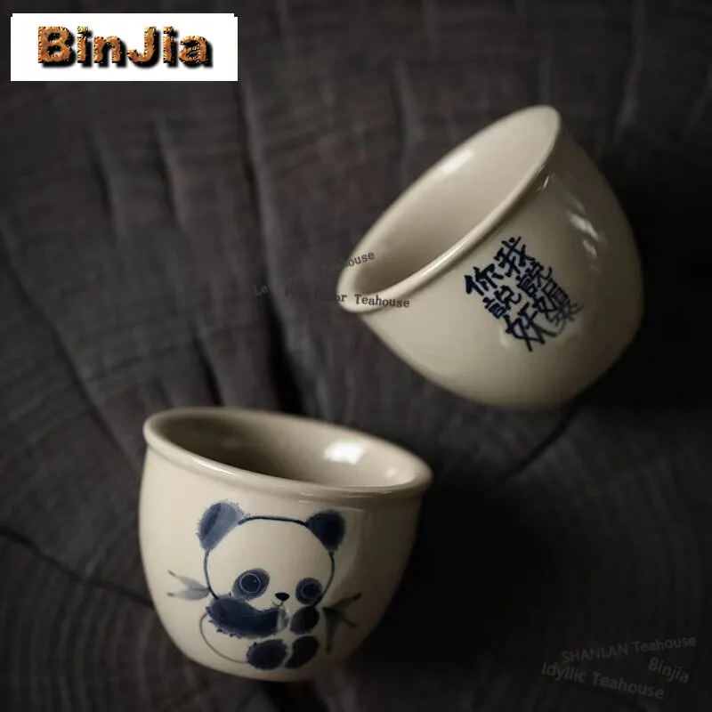 120ml Hand-painted Panda Tea Cup Retro Grass Wood Grey Red Fox Tea Bowl Coffee Mug Owner Master Cup Household Kung Fu Teaset