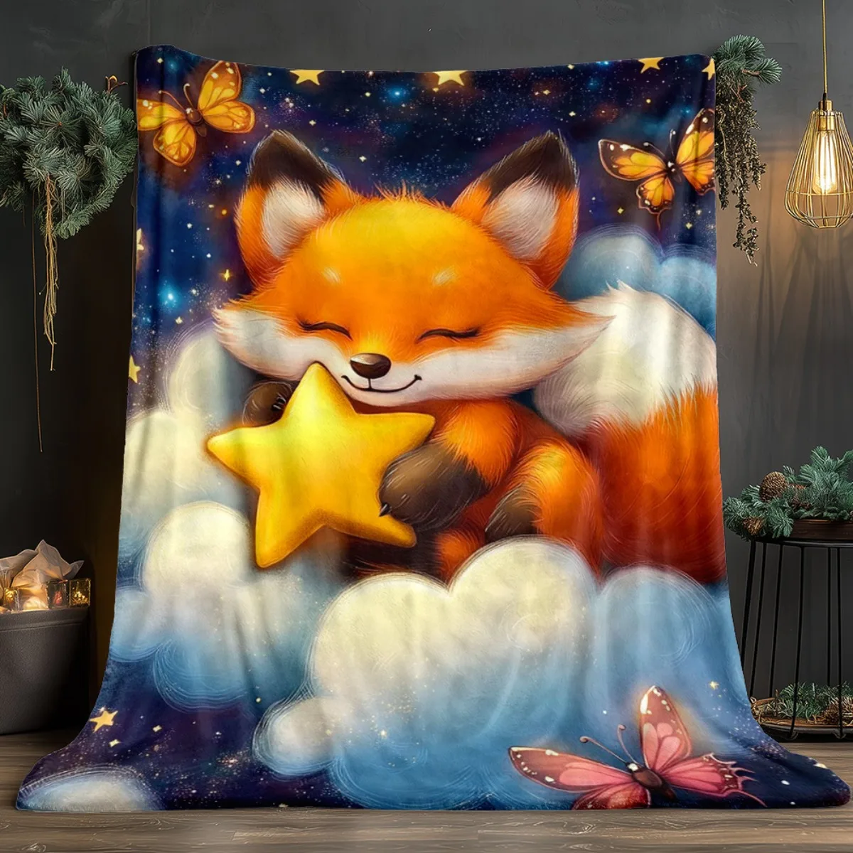 Adorable Fox Holding Star Clouds Butterflies Night Sky Fleece Blanket Cute Animal Print Soft Flannel Throw Kids Bedding Room
