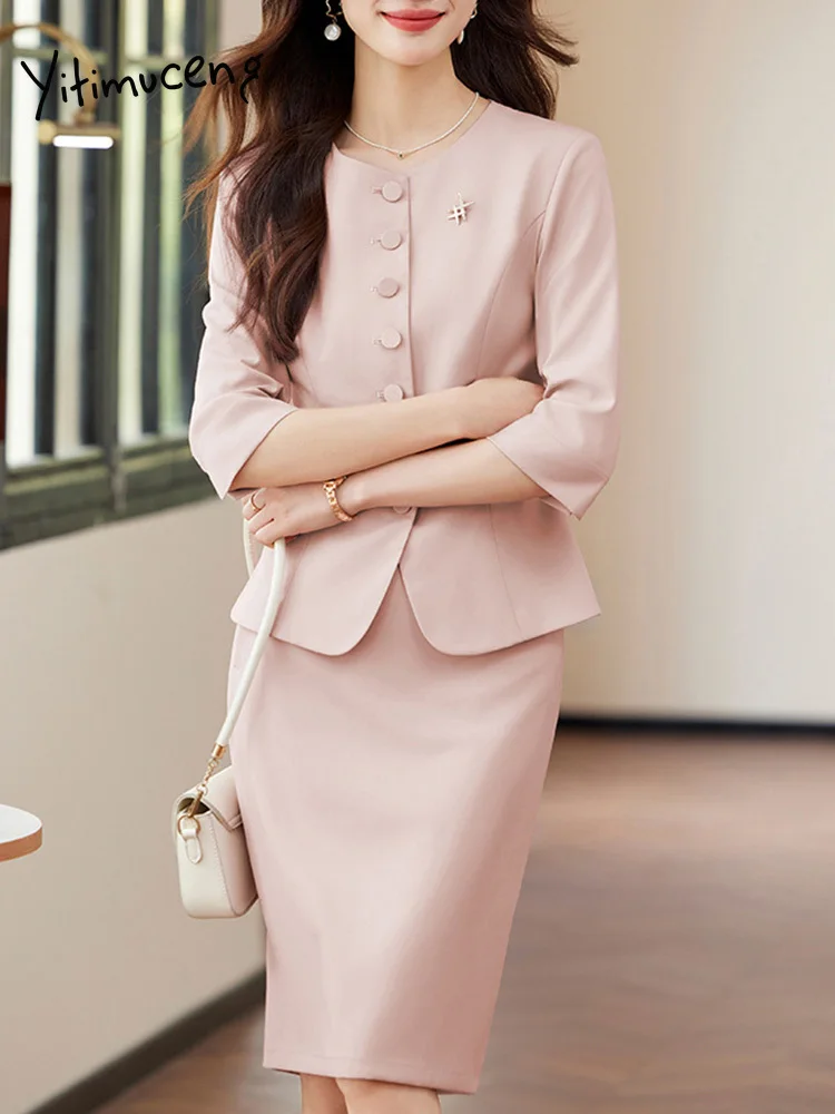 Yitimuceng elegante Blazer mujer moda de oficina trajes de tres cuartos sólido de un solo pecho cuello redondo 2025 nuevos trajes de falda para todas las estaciones