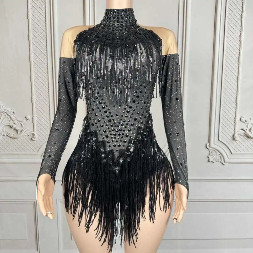 

Sparkly Rhinestones Sequins Tassels Bodysuit for Women Sexy Performance Dance Costume Singer Dancer Leotard Show Stage Wear