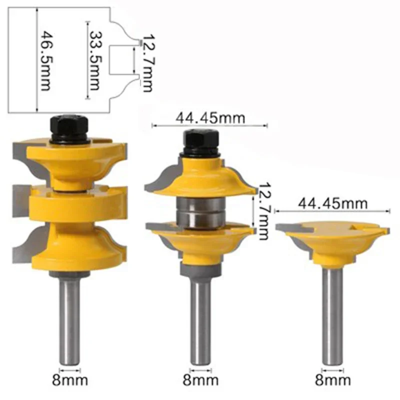 

3pcs 8mm 12mm Shank Entry Interior Tenon Door Router Bit Set Ogee Matched R&S Bits Carving for Wood