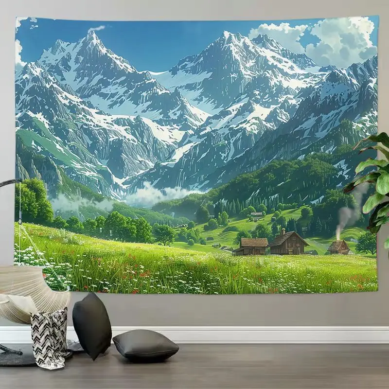 VIKAMA Anime Windmill Countryside Scenery Tapestry, High Definition Wear-Resistant Fabric Wall Hanging for Living Room