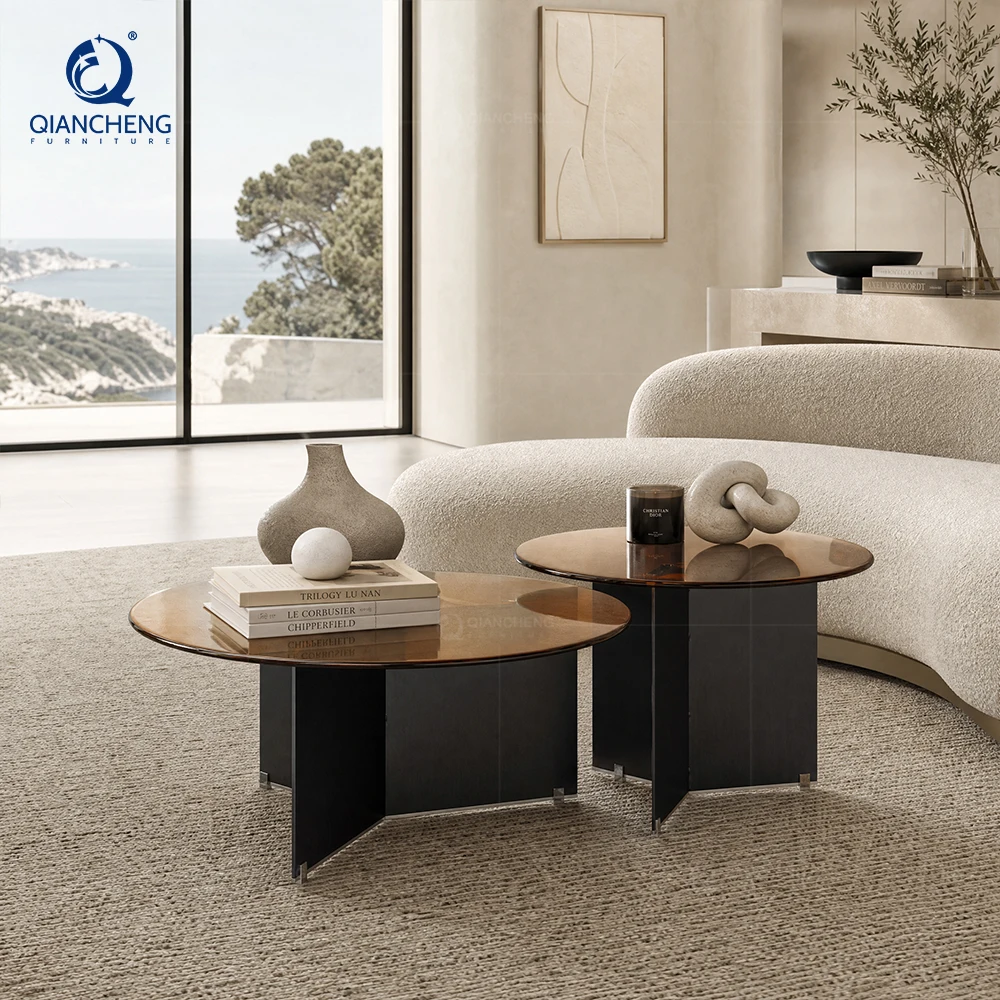 Luxury Round Nesting Coffee Table Bronze Glass Top Black X Base Industrial Hotel Lobby Villa Living Room OEM Factory Wholesale