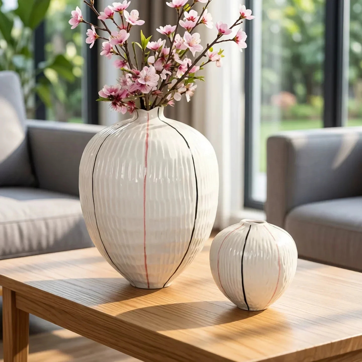 New Ceramic Vase Geometric Line Pottery Jar Handmade Porcelain Vase Flower Vase Floral Arrangement Home Decoration Accessor