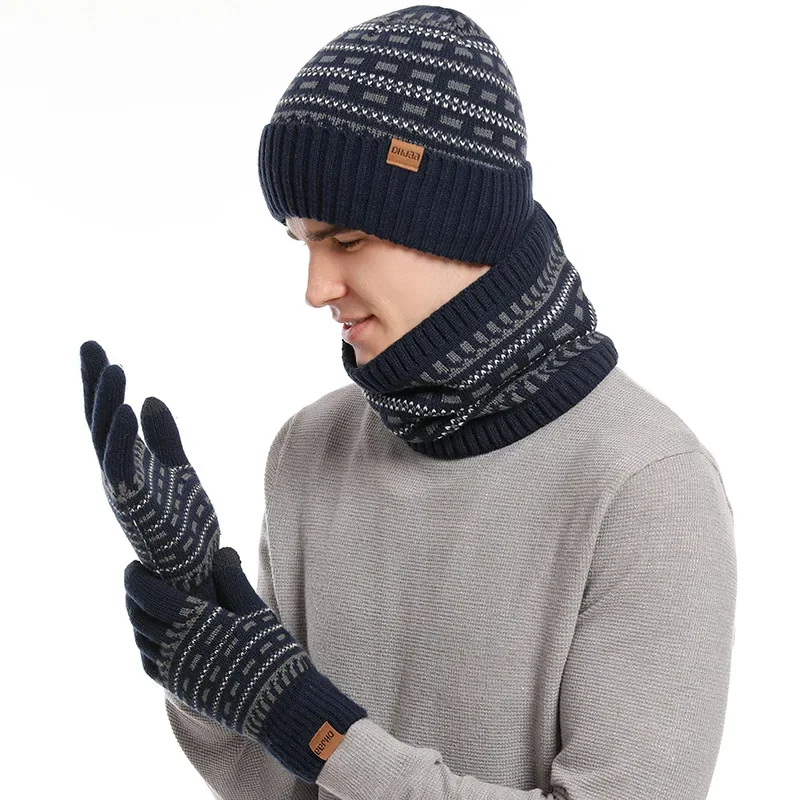 Fashion Trend European American Autumn Winter Men\'s Luxury Knitted Hat, Scarf, Glove,Warm Three Piece Set Clothing Accessories