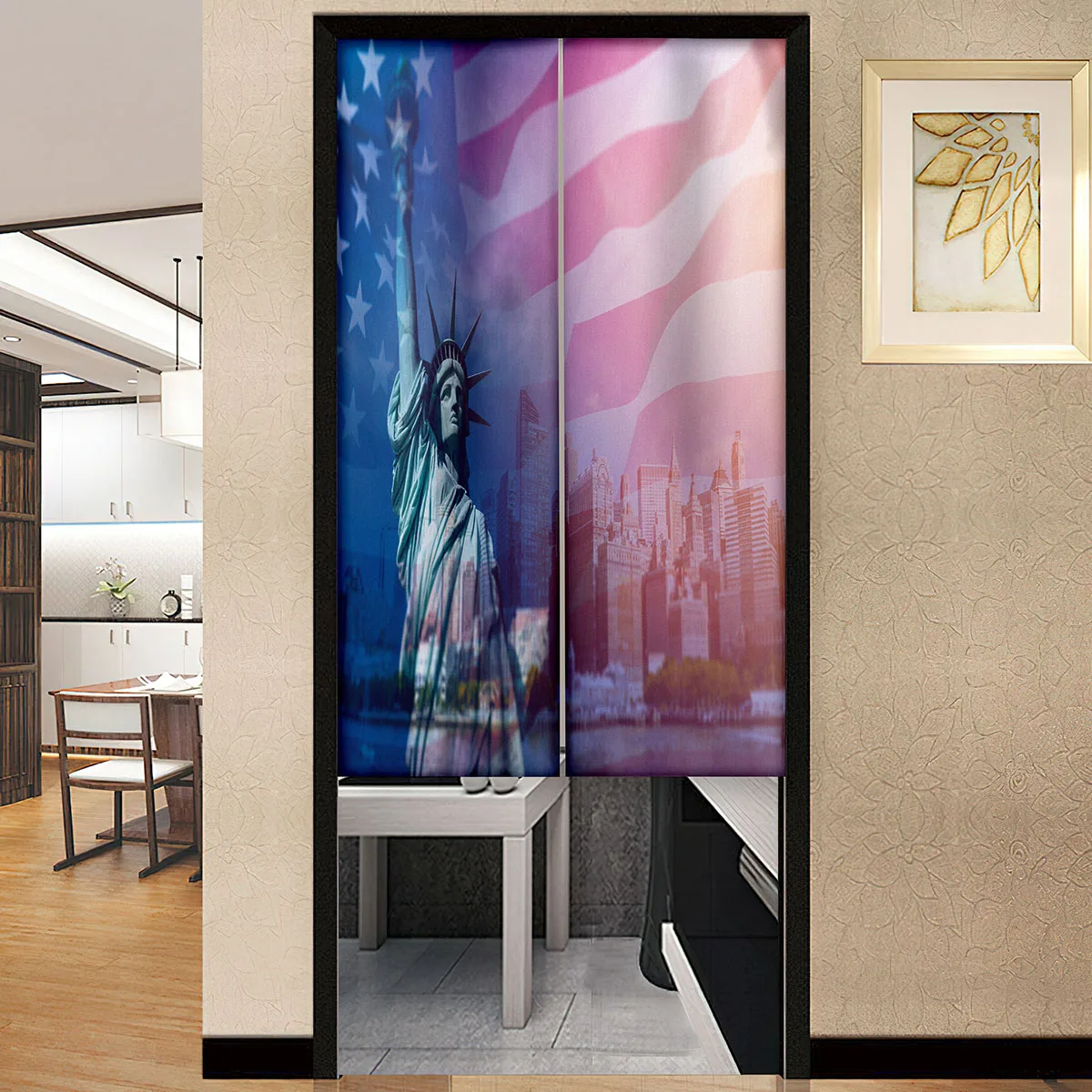 4th of July American Patriotic Door Curtains Statue of Liberty with Red and Blue Stars Noren Doorway Curtain Independence Day