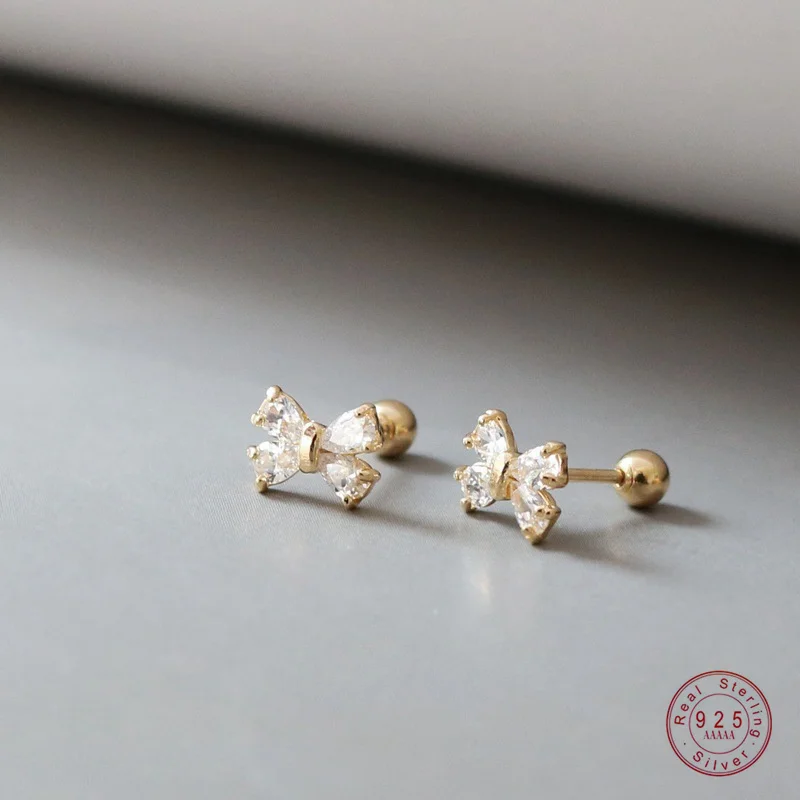 

925 Sterling Silver Plating 14K Gold Zircon Bow Screws Earrings for Women Korean Exquisite Jewelry Birthday Gift
