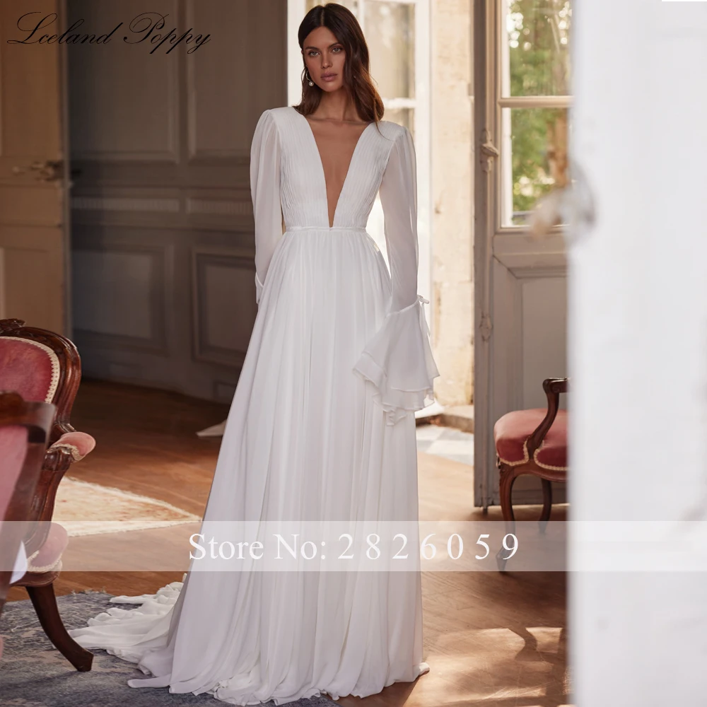 Lceland Poppy Customized A Line Deep V Neck Chiffon Boho Wedding Dresses Full Sleeves Backless Bridal Gowns