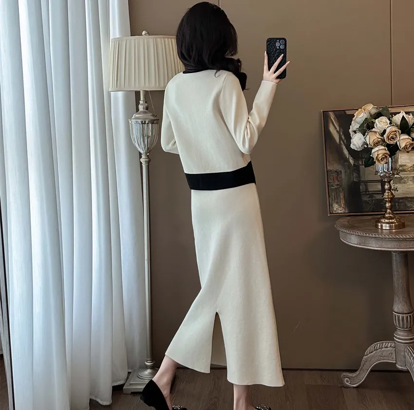 High Qulaity Hit Color Sweater Suits Fashion Women O Neck Single Breasted Knitted Sweater Cardigan+Autumn Winter Long Skirt Suit