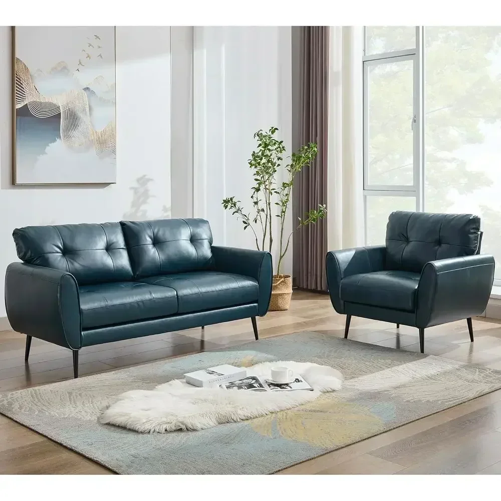 61 Small Loveseat Couch, 2-Seat Leather Settee for Living Room or Bedroom Spaces, Blue