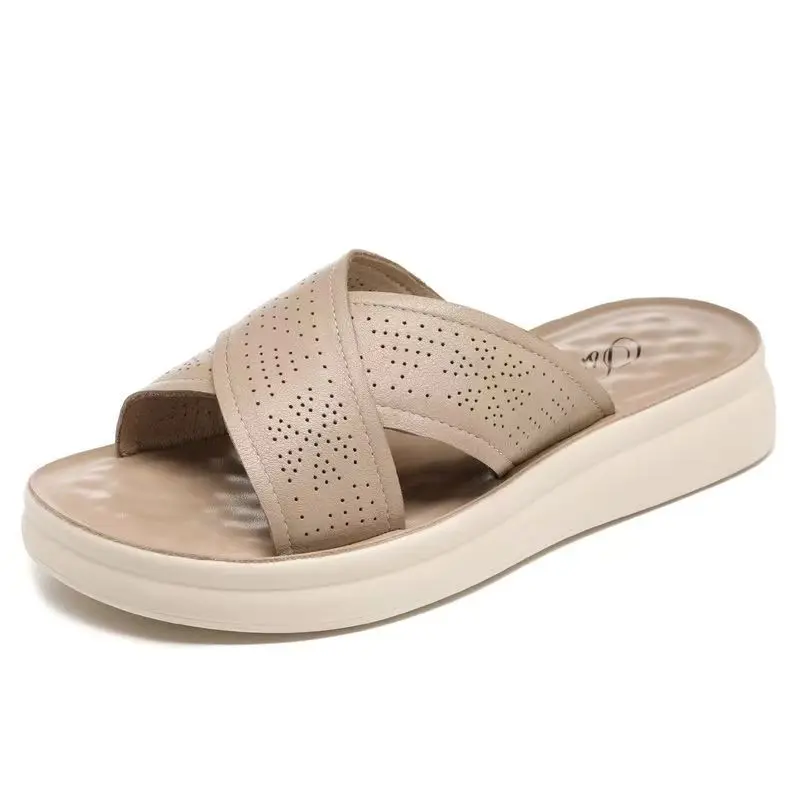 

Women Genuine Leather Flat Sole One Word Slippers Sandals Summer New Thick Sole Non Slip Lightweight Outdoor Beach Slippers