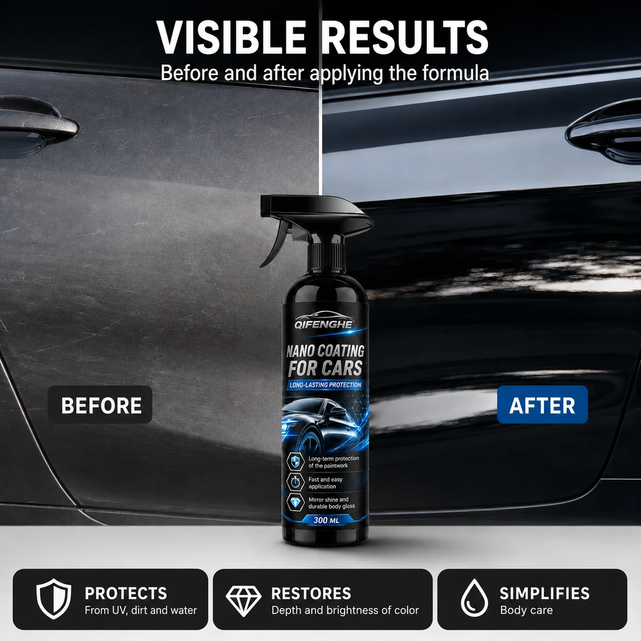 QiFENGHE Hydrophobic Car Coating Spray – Water Repellent Paint Sealant, Easy Clean, High Gloss, UV Protection, 300ml / 10.14 fl.