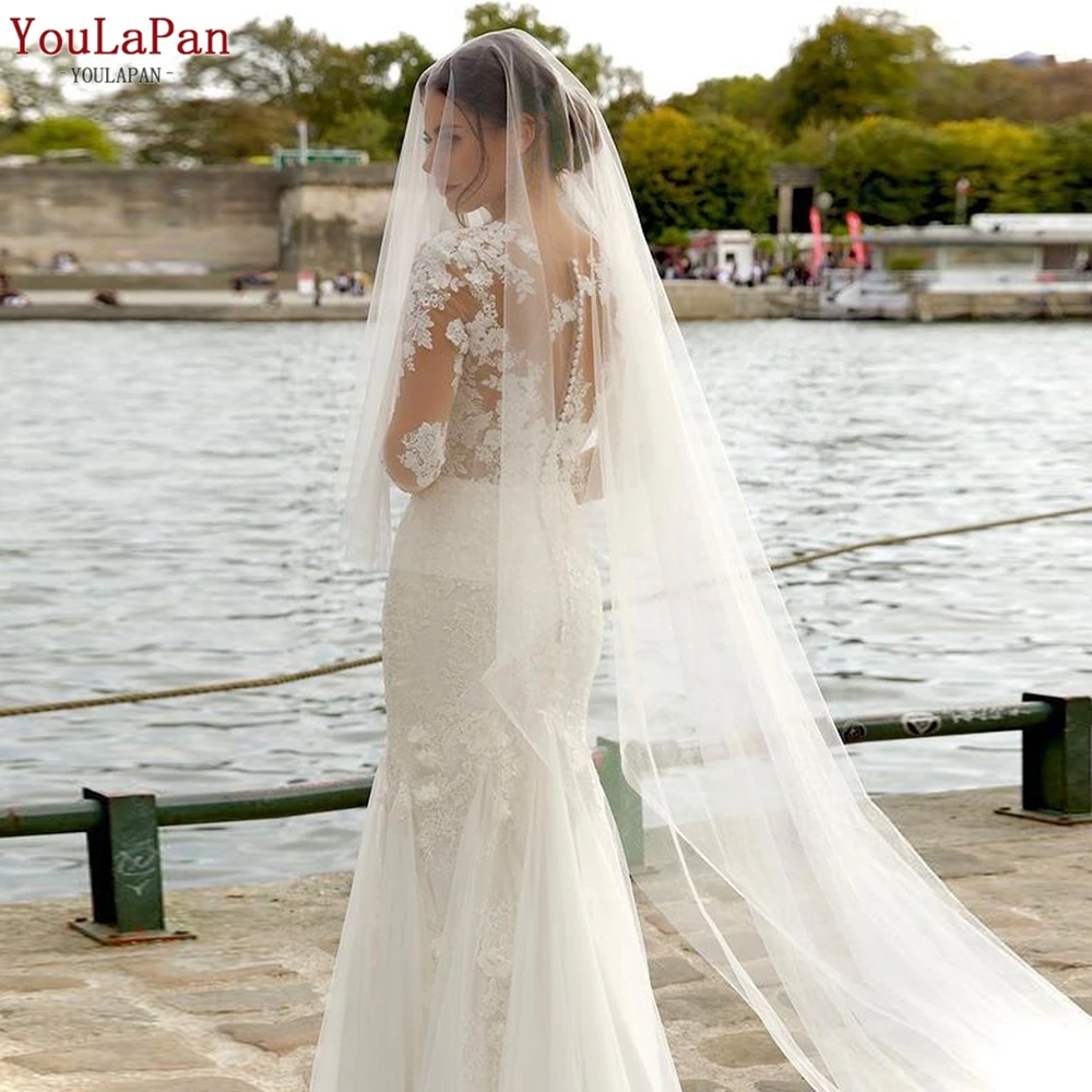 

YouLaPan V131 Двухъярусная минималистичная свадебная фата с румянами, длинная фата невесты с расческой, свадебная фата с крышкой для лица, мягкий тюль