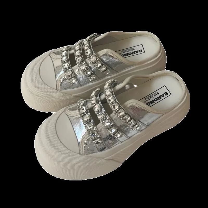 Scarpe coreane Casual Sneakers femminili All-Match punta tonda zoccoli di cristallo piattaforma 2024 piccole Creepers di strass estivi nuovo gancio