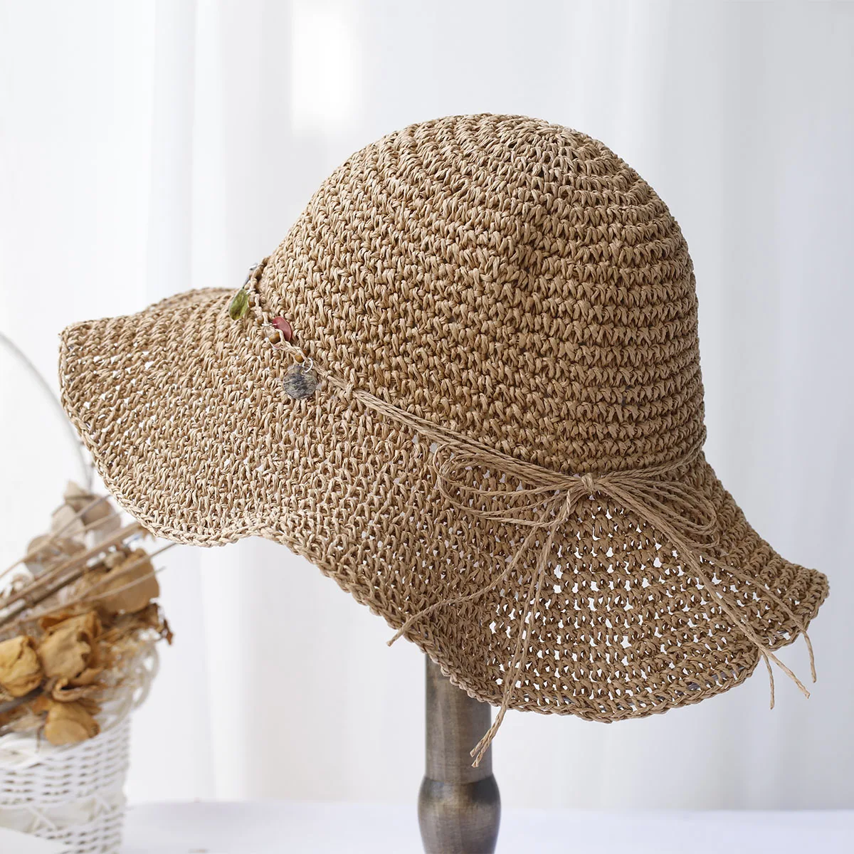 Girl New fashion Style bucket hat Multicolor Foldable Sun Crochet Hat For Beach, Travel And Vacation handmade straw hat