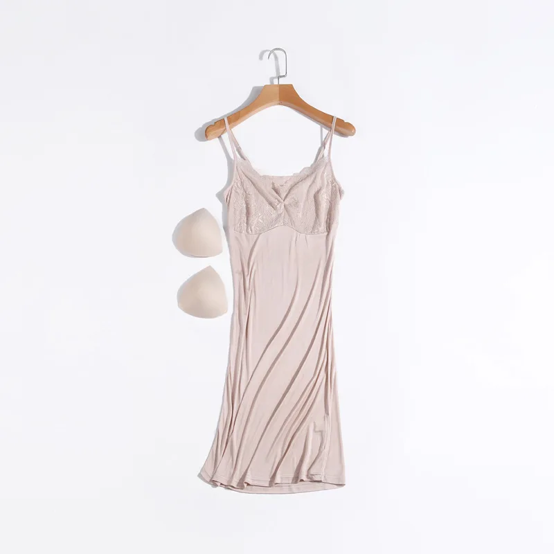 Birdtree 50% Silk Sling Dress Lace Edge Mid Length Removable Chest Pad Bottom Skirt Sexy Sleeping Dress Tank Top Skirt P30629QC image 4
