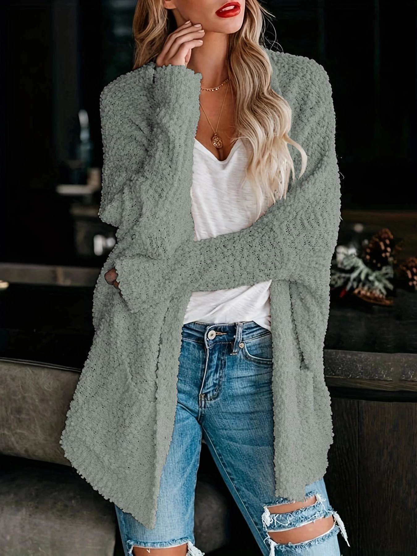 Plus Size Basic Cardigan Women\'s Plus Solid Popcorn Long Sleeve Open Front Slight Stretch Cardigan