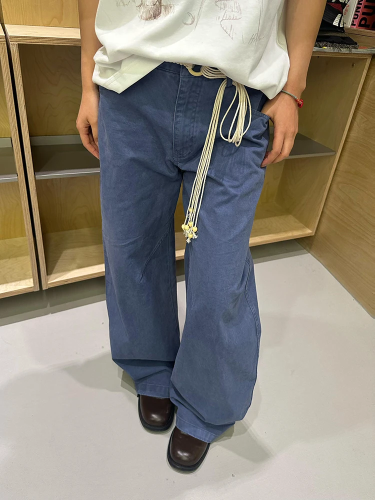 

American Retro Workwear Blue Jeans Men's Straight Leg Casual Pants Cleanfit High Waist Trousers Youthful Summer Breathable