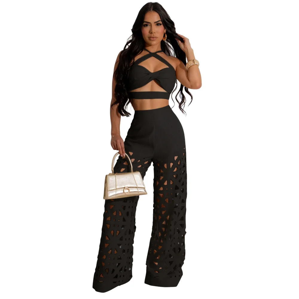 EINY Y2k Women\'s Set Halter Strapless Top+Hollow Out Wide Leg Pants Dresses Two Piece Set Beach Holiday Outfits Causal Tracksuit