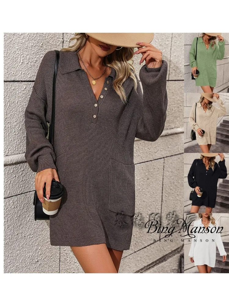 

Autumn and Winter New Women's Fashion Trend Solid Color Versatile Polo Button Knit Medium Long Pullover Street Apparel Y2k Top