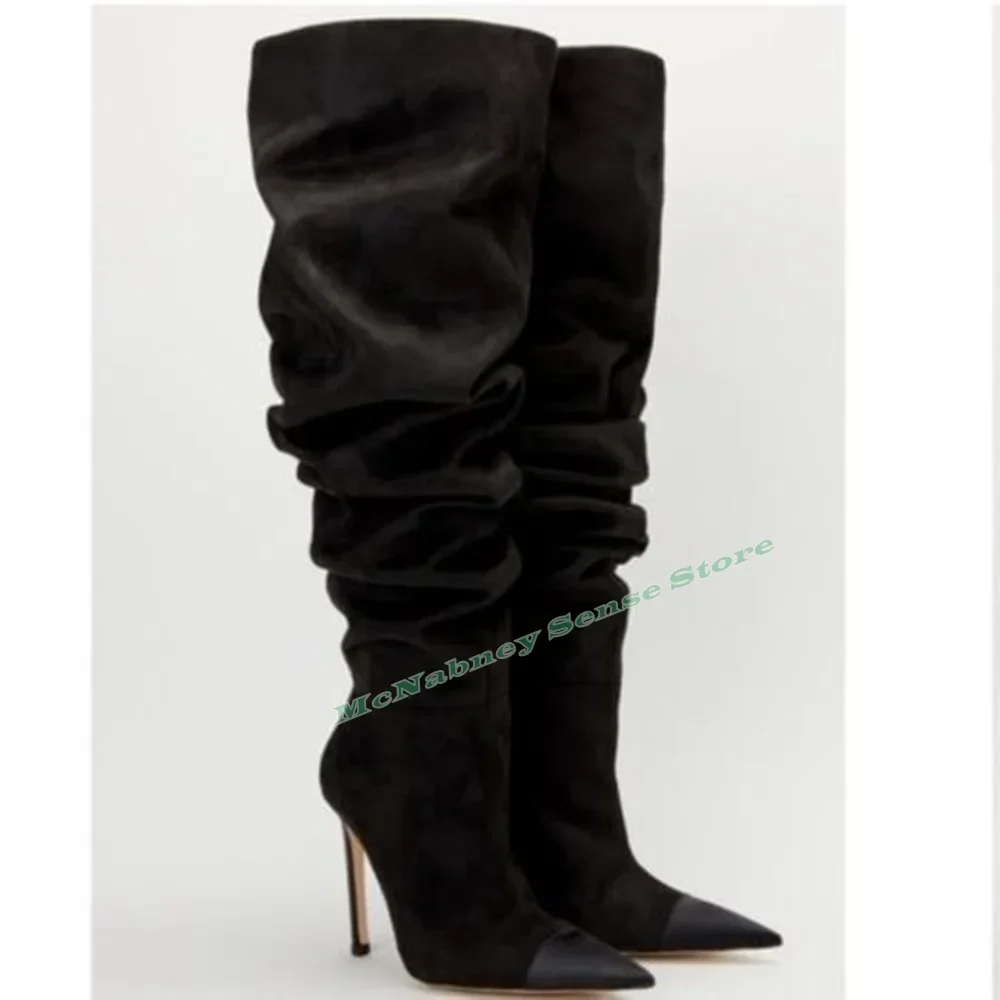 Suede Pointy Toe Solid Boots Pleated Over The Knee Slip On Women Winter Shoes Thin High Heels Party Casual Designer Boots New