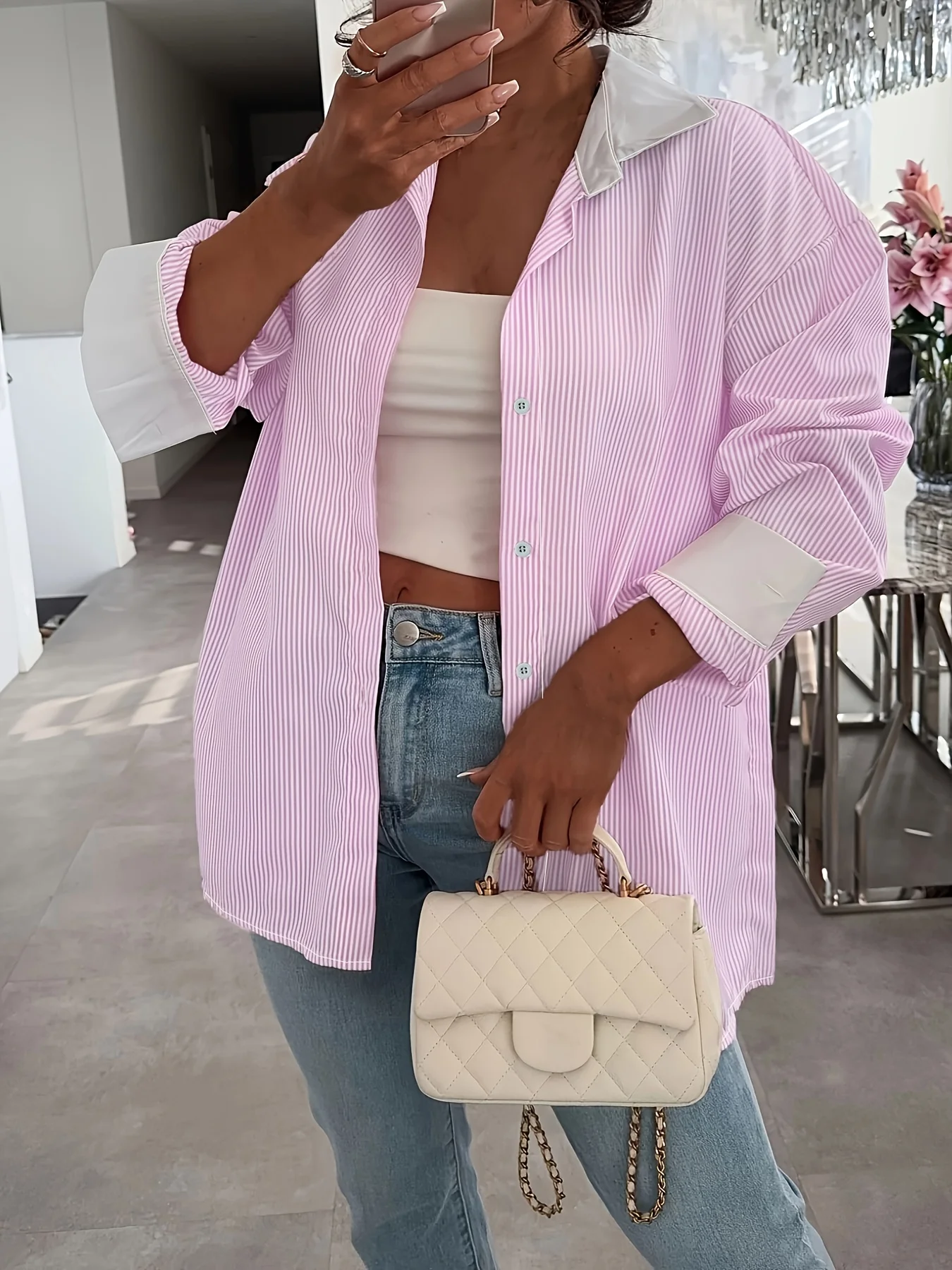 Camisa rosa de talla grande para mujer, camisa elegante y elegante de verano, camisa informal a la moda para mujer, rosa