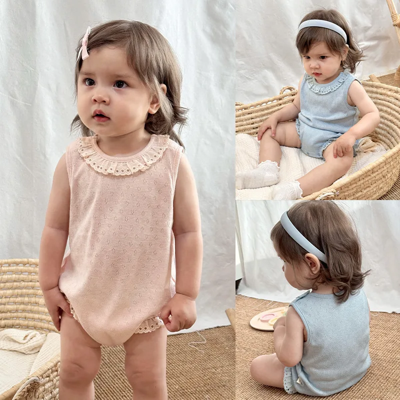 

Summer Bodysuits with Ruffled Collars: Class A Infant Rompers, Stylish Baby Girl Crawling Suits, Thin Sleeveless Onesies