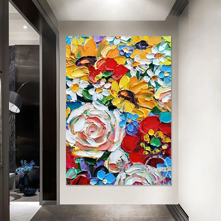 

Porch Decorative Item, Abstract Palette Knife Flowers Oil Painting, Large Texture Colorful Wall Panel Art, Unframed Artwork