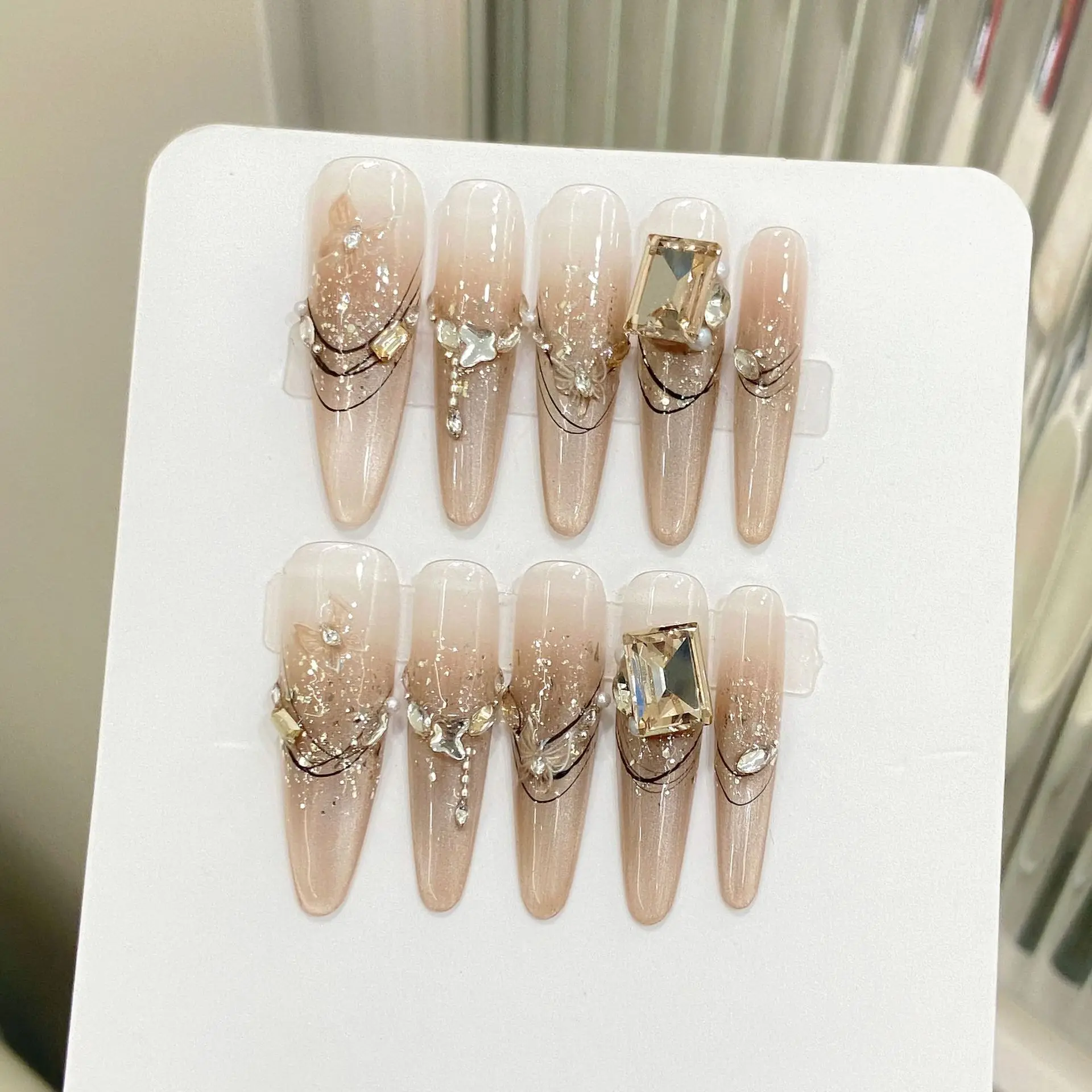 10 pièces à la main longue ovale presse sur ongles poudre brillante strass conception faux ongles portable couverture complète français faux ongles conseils