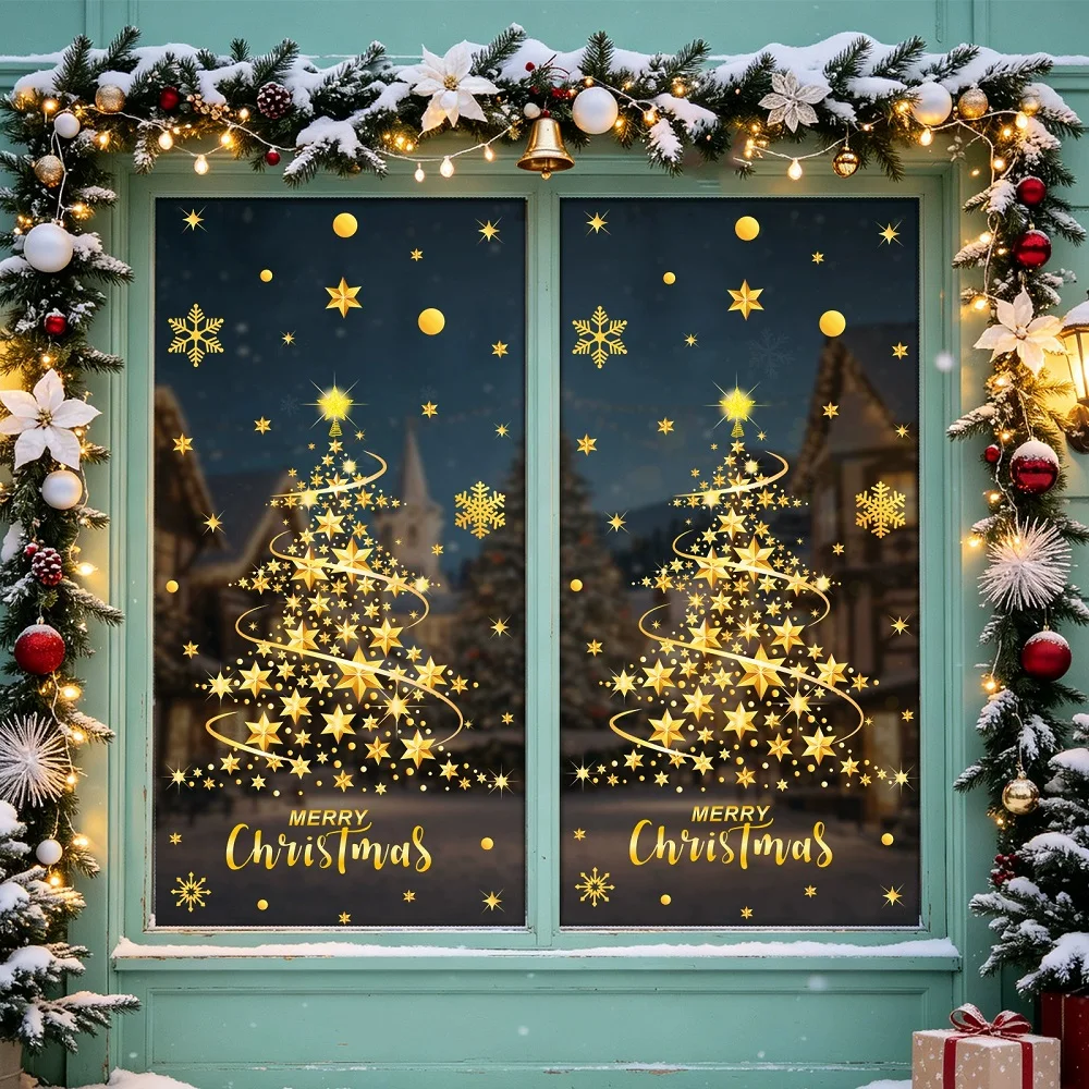 Golden Christmas Tree Window Stickers Snowflake Xmas Cling Decals for Home Shopping Mall Glass Door - Holiday Window Decoration