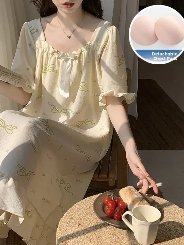 

Summer New Sweet Knot Cloud Pattern Cotton Spwear Women's Mid-Length Home Clothes Comfortable Breathable Nightgown