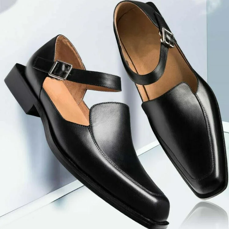 

New Black Men's Summer Sandals Pu Leather Buckle Strap Dress Shoes for Men Business Formal Shoes Men