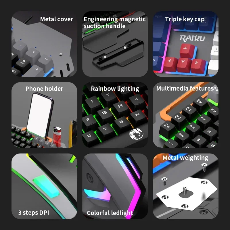 T16 Wired Metal Gaming Backlit Keyboard and Mouse Set with Palm Rest LED Colorful Keyboard 6-Key Rainbow Mouse