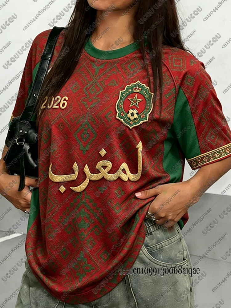 2026 Morocco Vintage Red Print Football T-shirt For Women Quick-dry O-neck Short Sleeve Fans Uniform Y2K Sports Football Jerseys