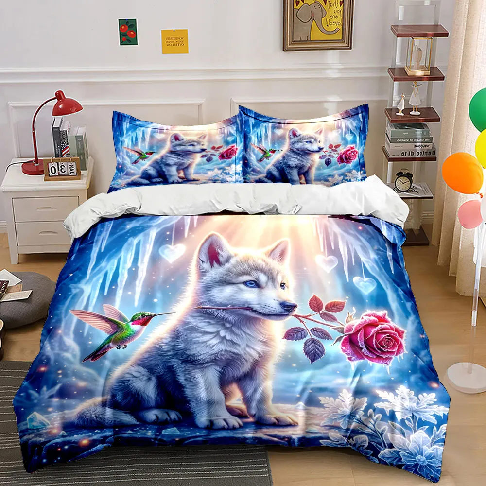 Frozen World Wolf Floral Bedding Print Bedding Set 1 Duvet Cover 2 Pillowcases for Adult and Children Luxury Gift Full Size