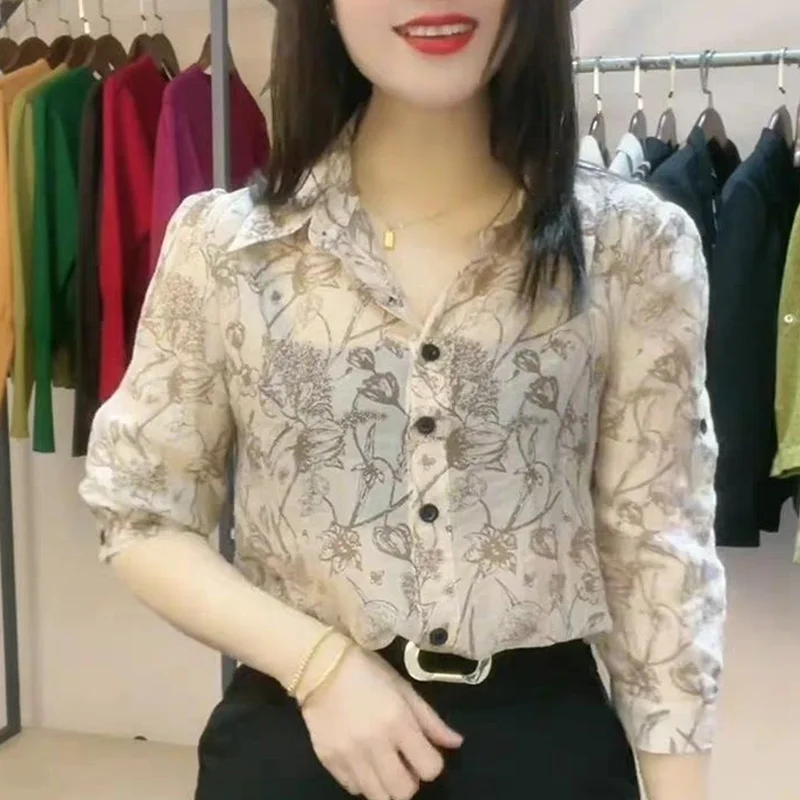 2024 New Summer Chic Retro Elegant Fashion Punk Office Lady Women's Shirt Chiffon Button V Neck 3/4 Sleeve Long Sleeve Y2K Tops